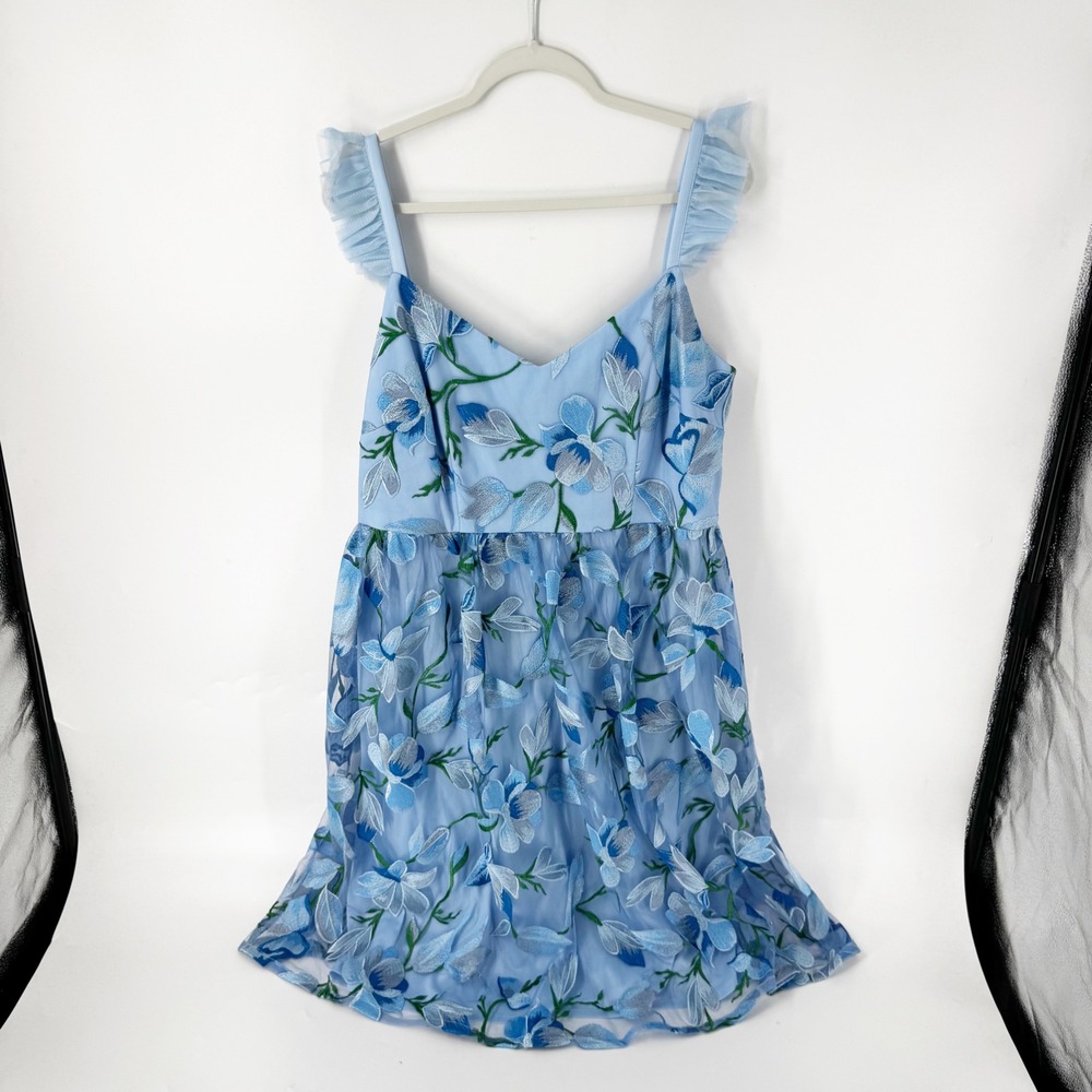 Adrianna Papell Blue Floral Embroidered Ruffle Strap Fit Flare Dress Womens 14